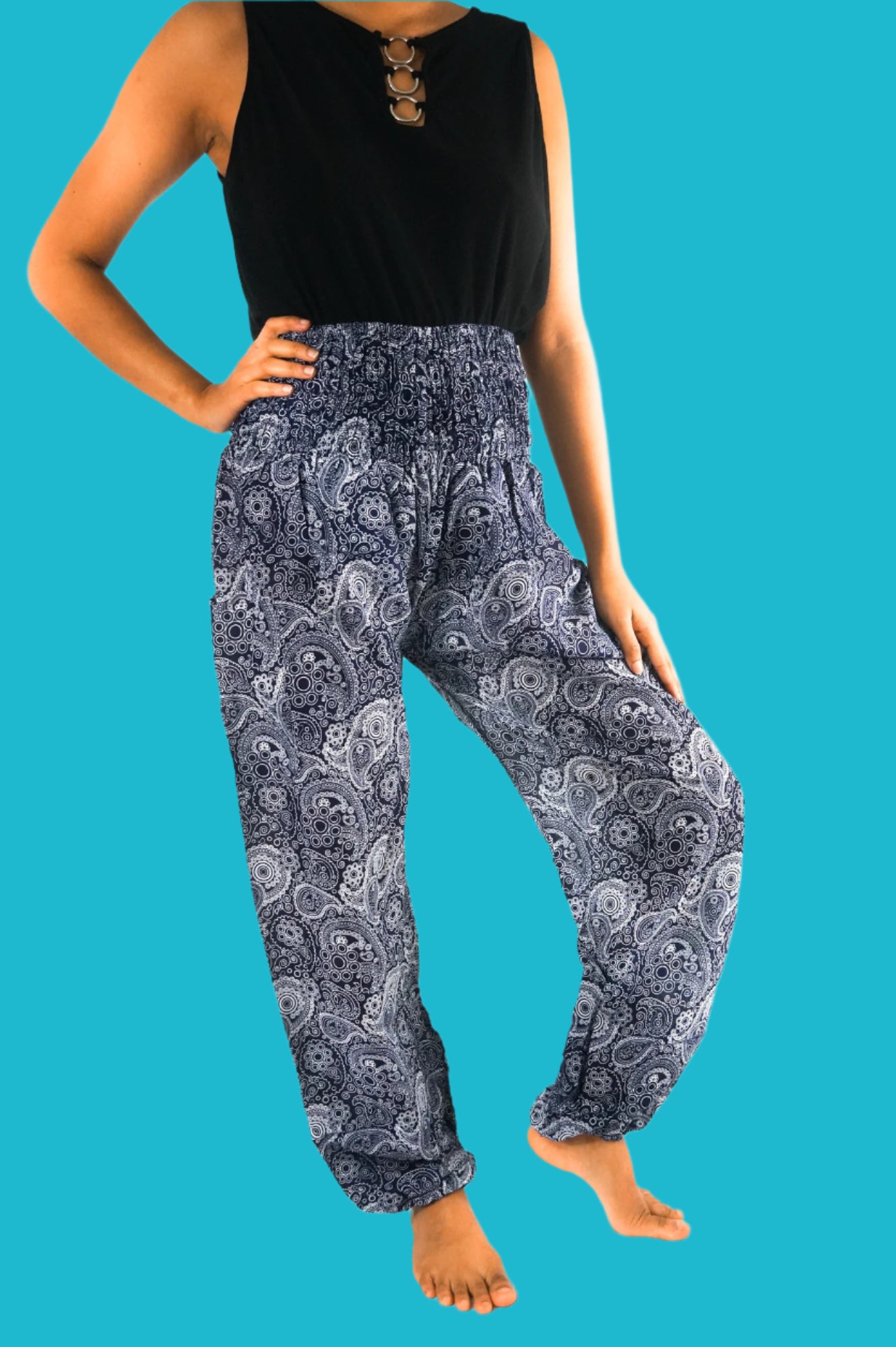 🌙 Black Paisley Boho Pants for Women – Stylish Hippie & Yoga Pants 🌿