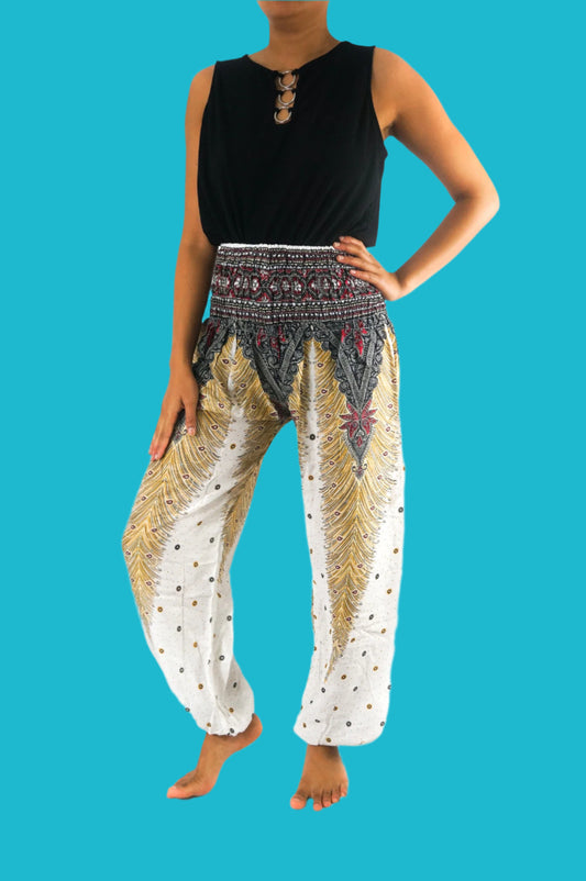 🌸 White Peacock Boho Pants for Women – Stylish Hippie & Yoga Pants 🌿