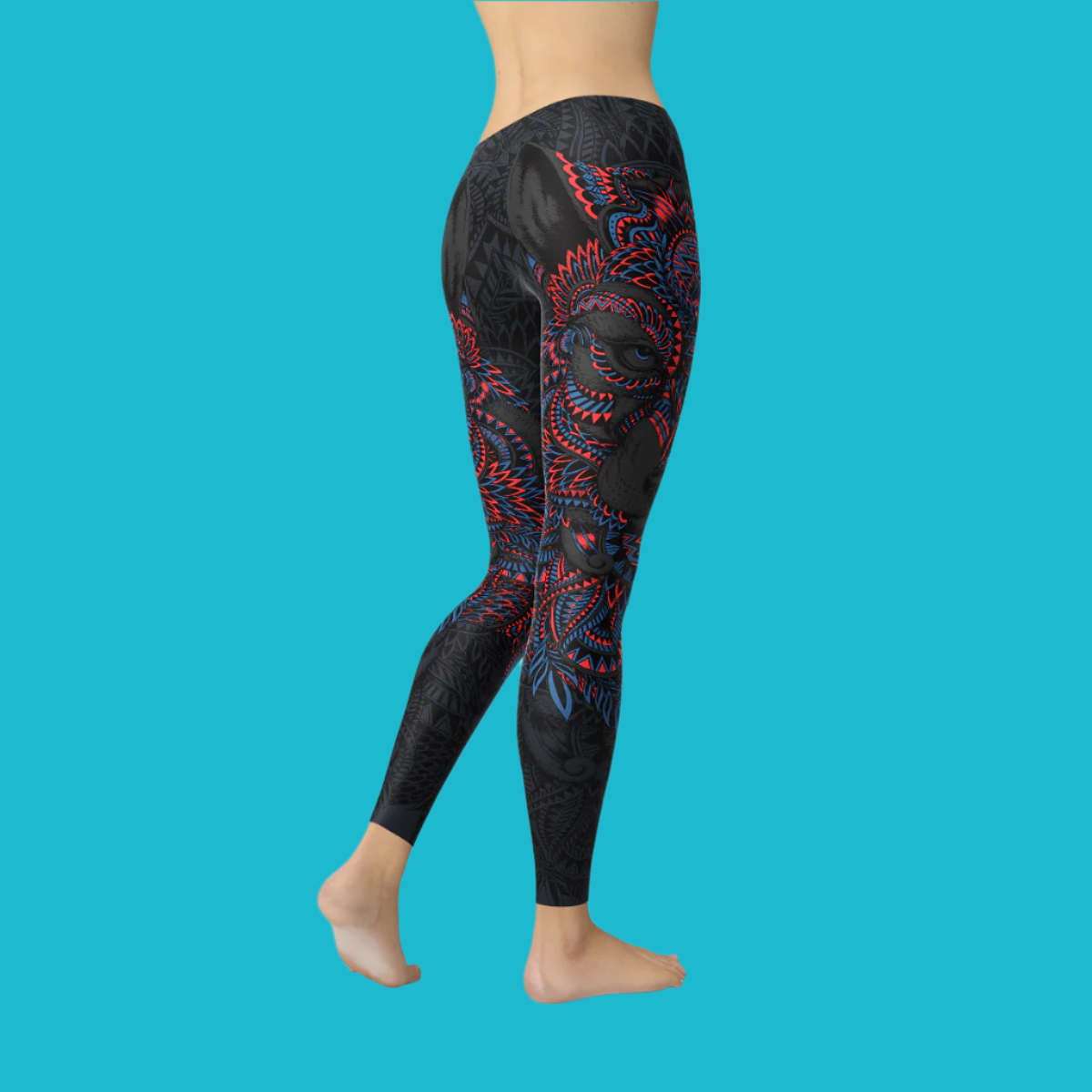 Women's Oriental Black Wolf Leggings – Bold, Artistic & Comfortable Activewear 🐺🌙