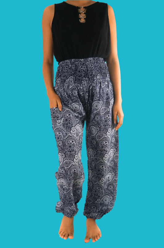 🌙 Black Paisley Boho Pants for Women – Stylish Hippie & Yoga Pants 🌿