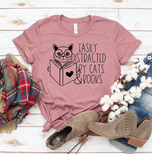 📚🐾 Easily Distracted By Cats & Books T-Shirt: For Bookworms & Cat Lovers!