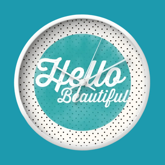 "Hello Beautiful" Teal Dots Typography Wall Clock – Inspirational Home Decor 🕒💙