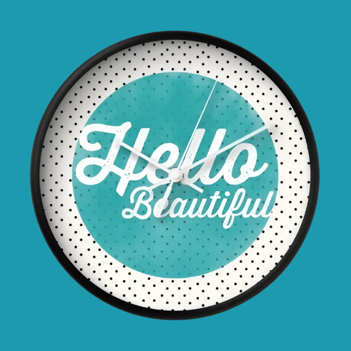 "Hello Beautiful" Teal Dots Typography Wall Clock – Inspirational Home Decor 🕒💙