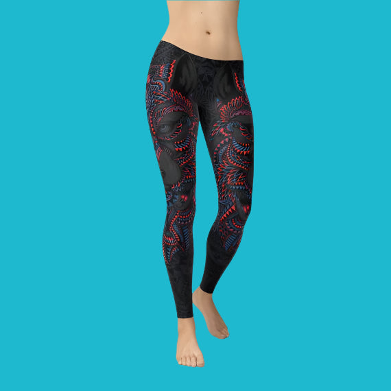 Women's Oriental Black Wolf Leggings – Bold, Artistic & Comfortable Activewear 🐺🌙