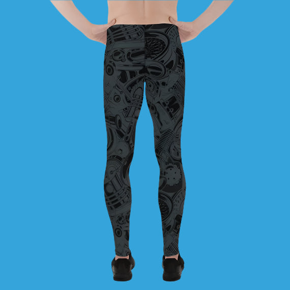 ⚙️ Men's Black Leggings with Auto Parts Print – Stylish & Performance-Ready Gear 🏎️