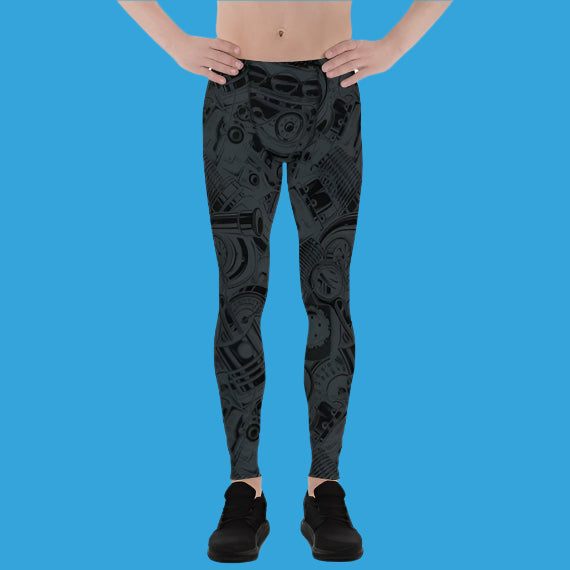 ⚙️ Men's Black Leggings with Auto Parts Print – Stylish & Performance-Ready Gear 🏎️