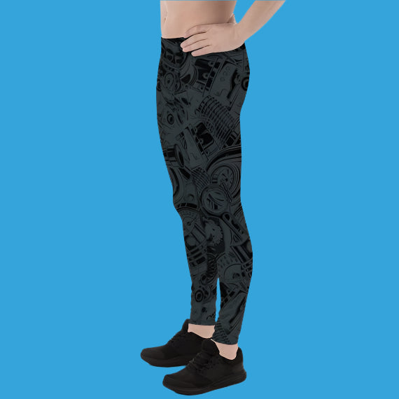 ⚙️ Men's Black Leggings with Auto Parts Print – Stylish & Performance-Ready Gear 🏎️