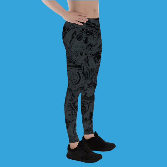 ⚙️ Men's Black Leggings with Auto Parts Print – Stylish & Performance-Ready Gear 🏎️