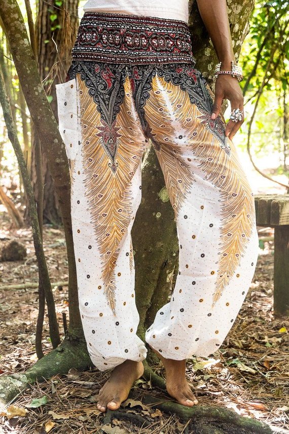 🌸 White Peacock Boho Pants for Women – Stylish Hippie & Yoga Pants 🌿