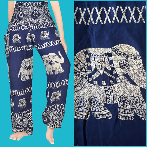 Blue Elephant Boho Pants for Women – Comfortable Hippie & Yoga Pants 🌸